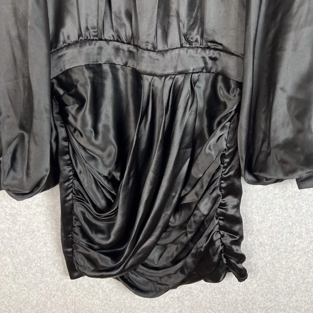 House of CB Black Khristen Balloon Long Sleeve Blouson Satin Mini Dress Sz Large